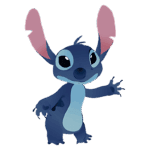 Personagem Stitch, do filme Lilo & Stitch, com pele azul, orelhas grandes e rosa, fazendo um gesto amigável com a mão. Ideal para conteúdo sobre animação e cultura pop.