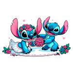 Ilustração de dois Stitch cartunescos, semelhantes a aliens, com pele azul e grandes orelhas rosa. Um deles, vestido de noiva com um véu e flores na cabeça, segura um buquê, enquanto o outro sorri e oferece uma flor. O fundo é decorado com corações e flores, transmitindo um tema alegre e amigável.