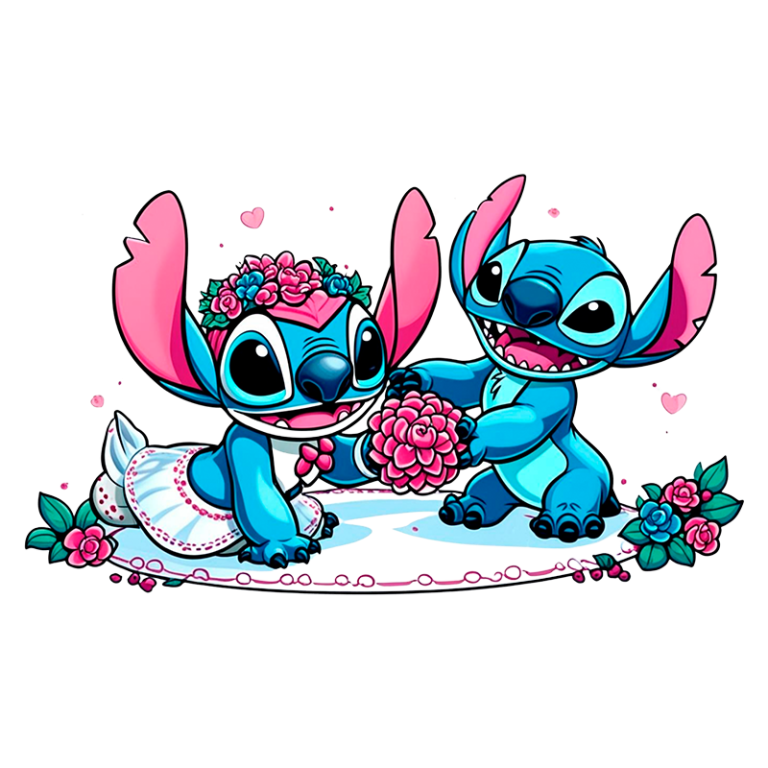 Ilustração de dois Stitch cartunescos, semelhantes a aliens, com pele azul e grandes orelhas rosa. Um deles, vestido de noiva com um véu e flores na cabeça, segura um buquê, enquanto o outro sorri e oferece uma flor. O fundo é decorado com corações e flores, transmitindo um tema alegre e amigável.