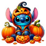 Personagem fictício Stitch vestido de abóbora, cercado por abóboras decoradas para o Halloween, com expressões alegres e cativantes.