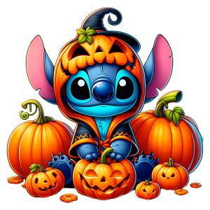 Personagem fictício Stitch vestido de abóbora, cercado por abóboras decoradas para o Halloween, com expressões alegres e cativantes.