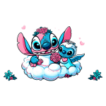 Stitch e Angel felizes em um cenário de nuvem com flores, representando amor e amizade. A arte é colorida e divertida, ideal para fãs de animação.