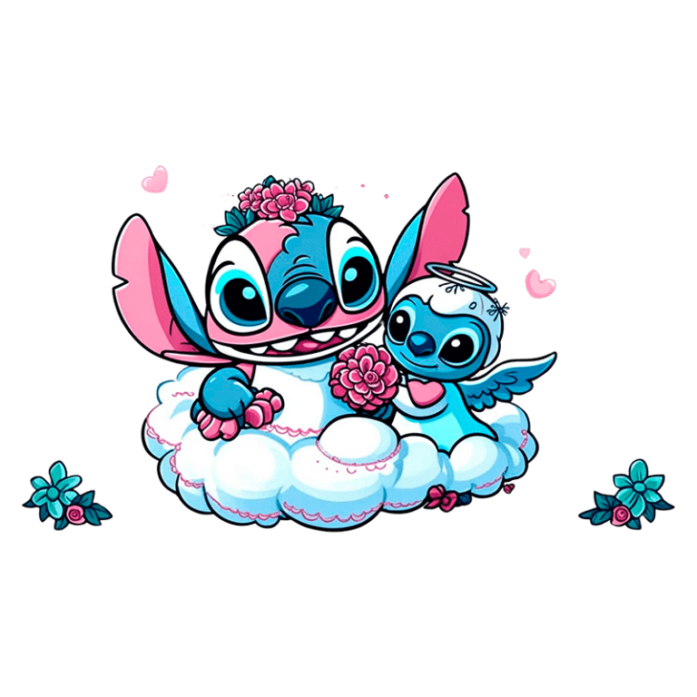 Stitch e Angel felizes em um cenário de nuvem com flores, representando amor e amizade. A arte é colorida e divertida, ideal para fãs de animação.