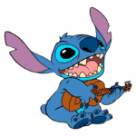 Stitch, personagem carismático da Disney, tocando um ukulele e sorrindo, com orelhas grandes e azul claro, em fundo verde.