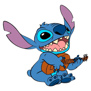Stitch, personagem carismático da Disney, tocando um ukulele e sorrindo, com orelhas grandes e azul claro, em fundo verde.