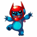 Stitch com um capacete vermelho, sorrindo e fazendo uma pose divertida. Perfeito para temas de fantasia e entretenimento.