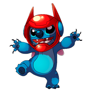 Stitch com um capacete vermelho, sorrindo e fazendo uma pose divertida. Perfeito para temas de fantasia e entretenimento.