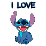 Desenho animado do personagem Stitch, sorridente e com grandes orelhas, acompanhado da frase "I LOVE" em letras acima. Ideal para fãs de animações e cultura pop.