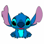 Personagem animado Stitch, da Disney, com pele azul e orelhas grandes e rosadas, sentado e sorrindo. Ideal para conteúdos sobre animação, cultura pop e produtos relacionados.