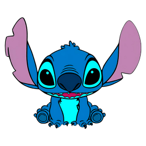 Personagem animado Stitch, da Disney, com pele azul e orelhas grandes e rosadas, sentado e sorrindo. Ideal para conteúdos sobre animação, cultura pop e produtos relacionados.