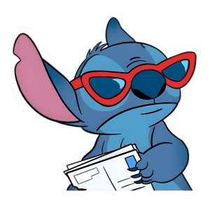 Personagem de desenho animado Stitch usando óculos vermelhos e segurando cartas, com expressão confusa e corpo azul.