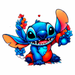 Personagem de desenho animado Stitch, de pelagem azul e laranja, segurando flores coloridas, sorrindo alegremente. Fundo transparente. Ideal para temas relacionados à amizade e diversão.