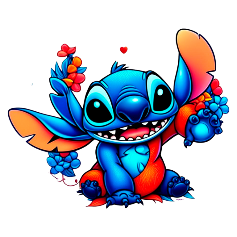 Personagem de desenho animado Stitch, de pelagem azul e laranja, segurando flores coloridas, sorrindo alegremente. Fundo transparente. Ideal para temas relacionados à amizade e diversão.