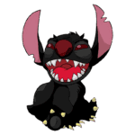 Personagem Stitch de pelagem preta com orelhas grandes e rosas, sorrindo de forma alegre, mostrando dentes afiados e olhos expressivos, representando um estilo divertido e caricaturesco.