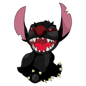 Personagem Stitch de pelagem preta com orelhas grandes e rosas, sorrindo de forma alegre, mostrando dentes afiados e olhos expressivos, representando um estilo divertido e caricaturesco.