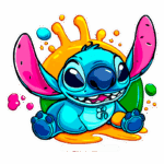 Personagem animado Stitch sentado, com pele azul e grandes orelhas rosas, rodeado por manchas coloridas. Ótimo para temática de desenhos infantis e cultura pop.
