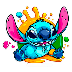 Personagem animado Stitch sentado, com pele azul e grandes orelhas rosas, rodeado por manchas coloridas. Ótimo para temática de desenhos infantis e cultura pop.