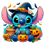 Stitch usando um chapéu de bruxa, cercado por abóboras e uma cesta, adequado para o tema de Halloween.