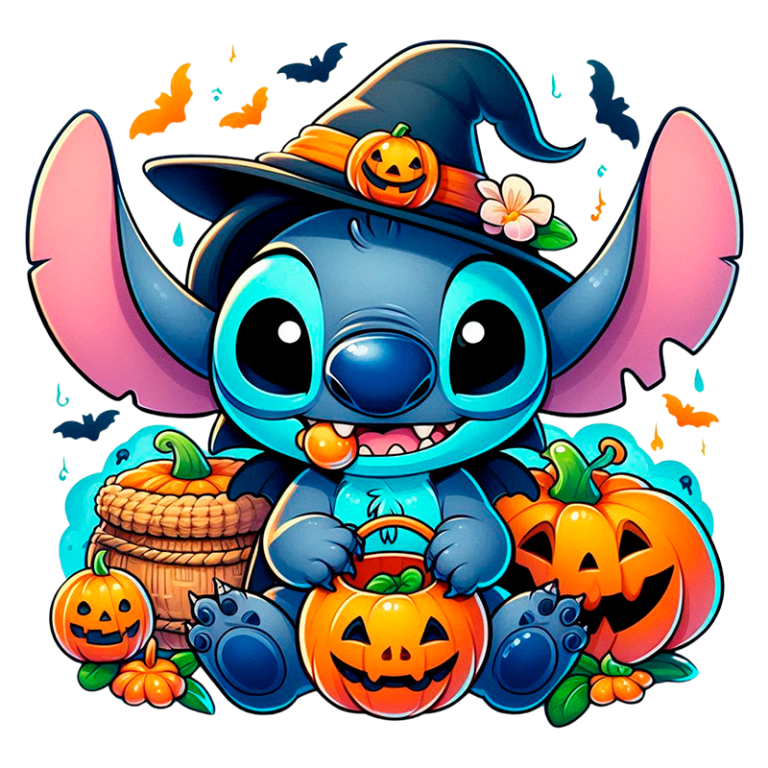 Stitch usando um chapéu de bruxa, cercado por abóboras e uma cesta, adequado para o tema de Halloween.