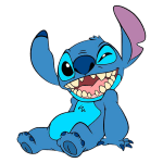 Personagem Stitch, de pelagem azul, sorrindo e sentado, com grandes olhos e orelhas proeminentes. Representa a cultura pop e animação da Disney.