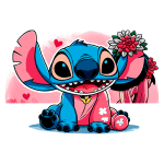 Personagem Stitch, de pele azul, sentado com um grande sorriso, cercado por flores e corações. Ideal para temas de amizade e amor.