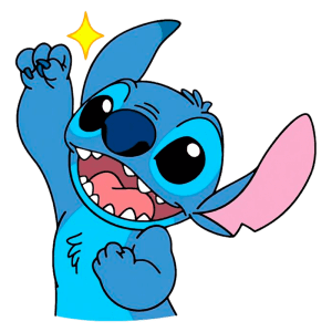 Personagem de desenho animado Stitch, da Disney, com pele azul, orehas grandes, sorrindo e levantando o braço em um gesto de comemoração, com um brilho amarelo ao fundo.