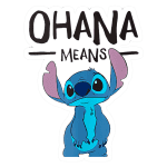 Imagem ilustrativa do personagem Stitch, com a frase "OHANA MEANS" acima. O design colorido destaca o aspecto lúdico e divertido do personagem, remetendo à sua origem no filme "Lilo & Stitch". Ideal para fãs de animação e cultura pop.