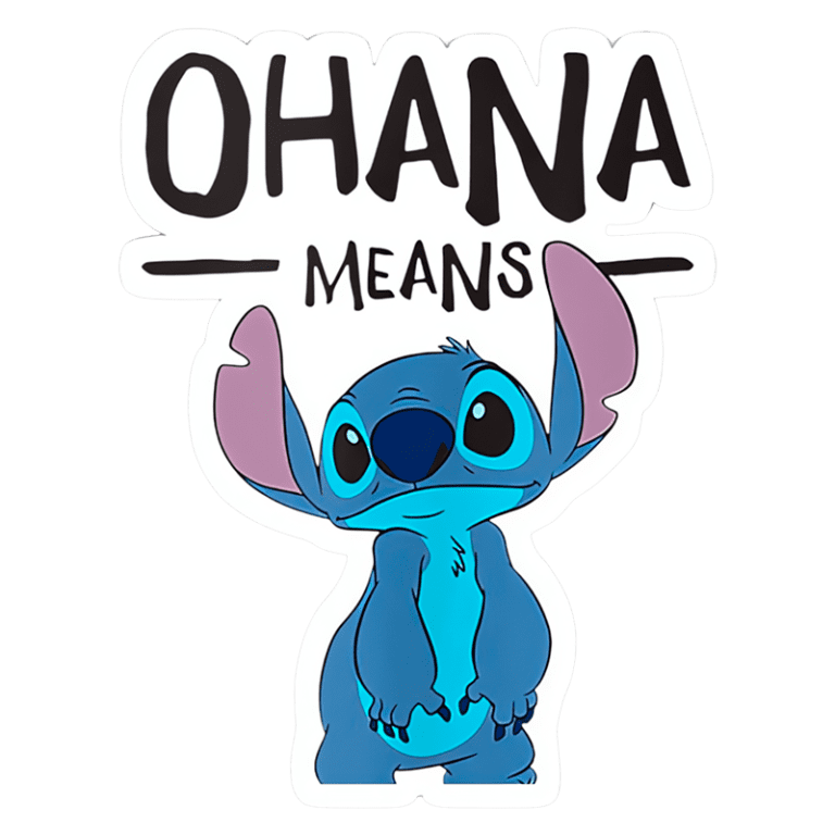 Imagem ilustrativa do personagem Stitch, com a frase "OHANA MEANS" acima. O design colorido destaca o aspecto lúdico e divertido do personagem, remetendo à sua origem no filme "Lilo & Stitch". Ideal para fãs de animação e cultura pop.