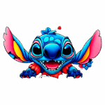 Ilustração colorida de Stitch, um personagem carismático da Disney, com pele azul vibrante, orelhas avermelhadas e um sorriso largo. Ele está com os braços abertos, transmitindo alegria e energia.