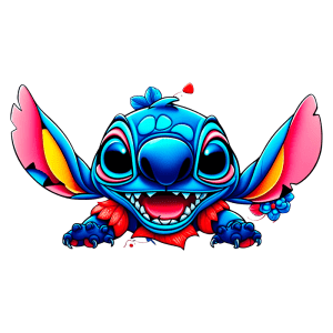 Ilustração colorida de Stitch, um personagem carismático da Disney, com pele azul vibrante, orelhas avermelhadas e um sorriso largo. Ele está com os braços abertos, transmitindo alegria e energia.
