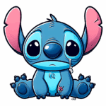 Personagem animado Stitch, de pele azul e orelhas rosa, sentado com expressão triste, apresentando uma lágrima e uma flor ao lado do pé. Ideal para fãs de desenhos animados e cultura pop.