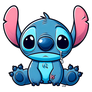 Personagem animado Stitch, de pele azul e orelhas rosa, sentado com expressão triste, apresentando uma lágrima e uma flor ao lado do pé. Ideal para fãs de desenhos animados e cultura pop.