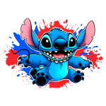 Imagem do personagem Stitch, do filme Lilo & Stitch, com pele azul e grandes olhos expressivos, cercado por respingos de tinta colorida em vermelho e azul.