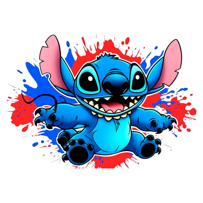 Imagem do personagem Stitch, do filme Lilo & Stitch, com pele azul e grandes olhos expressivos, cercado por respingos de tinta colorida em vermelho e azul.