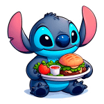 Stitch segurando um prato com um hambúrguer, alface, tomate e um molho, em um fundo verde. Ideal para conteúdo sobre refeições, culinária ou personagens de desenho.