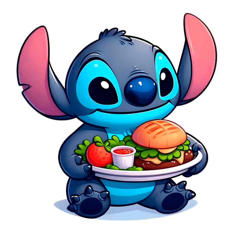 Stitch segurando um prato com um hambúrguer, alface, tomate e um molho, em um fundo verde. Ideal para conteúdo sobre refeições, culinária ou personagens de desenho.