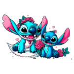 Ilustração divertida de dois Stitch azuis com orelhas grandes e flores, inspirados no estilo cartoon. Eles estão sorrindo em um ambiente colorido, rodeados de corações e rosas, transmitindo uma sensação de alegria e amizade. Ideal para fãs de animação e cultura pop.
