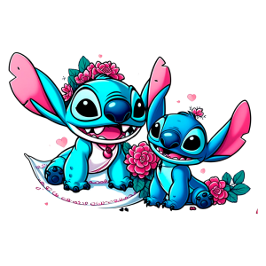 Ilustração divertida de dois Stitch azuis com orelhas grandes e flores, inspirados no estilo cartoon. Eles estão sorrindo em um ambiente colorido, rodeados de corações e rosas, transmitindo uma sensação de alegria e amizade. Ideal para fãs de animação e cultura pop.