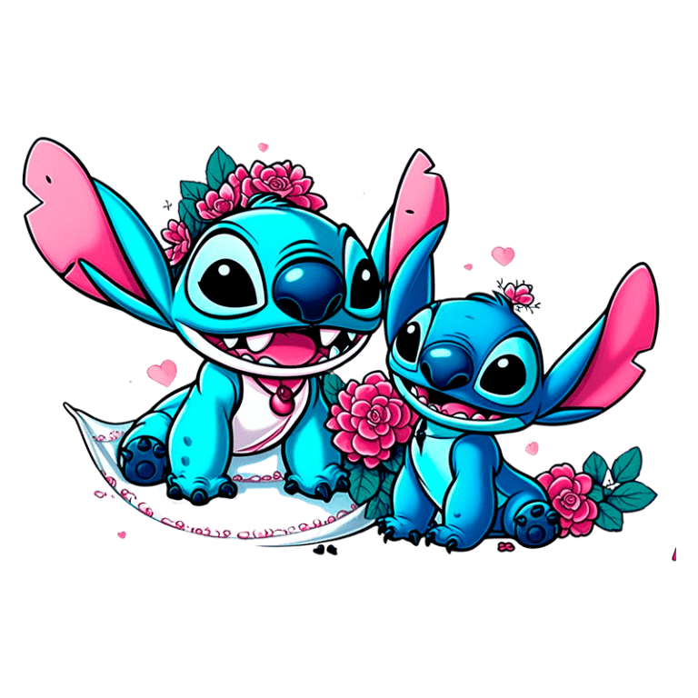 Ilustração divertida de dois Stitch azuis com orelhas grandes e flores, inspirados no estilo cartoon. Eles estão sorrindo em um ambiente colorido, rodeados de corações e rosas, transmitindo uma sensação de alegria e amizade. Ideal para fãs de animação e cultura pop.