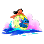 Criança alegre montando um pneu de boia em cima de ondas, acompanhado pelo alienígena azul Stitch, em um cenário de diversão à beira-mar.