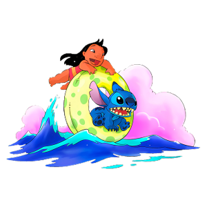 Criança alegre montando um pneu de boia em cima de ondas, acompanhado pelo alienígena azul Stitch, em um cenário de diversão à beira-mar.