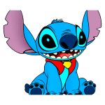 Personagem Stitch da Disney, um pequeno alienígena azul com grandes orelhas rosa, sentado e sorrindo. Ele usa um colar vermelho com um pingente amarelo. Fundo verde.