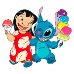 Lilo e Stitch desfrutando de sorvete em uma divertida cena colorida, com Lilo segurando um sorvete e Stitch segurando um cone com vários sabores.