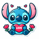 Stitch segurando um coração vermelho com a palavra "LOVE", cercado por flores, transmitindo uma mensagem de amor e carinho.
