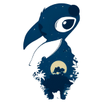 Stitch com uma cena noturna dentro dele, incluindo uma lua cheia e uma silhueta de casas em uma colina, destacando elementos naturais ao redor.