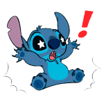 Personagem Stitch do filme Lilo & Stitch, com expressões de surpresa e braços abertos, cercado por um fundo verde e um símbolo de exclamação vermelho. Ideal para, anedotas, ilustrações e produtos relacionados a desenhos animados.
