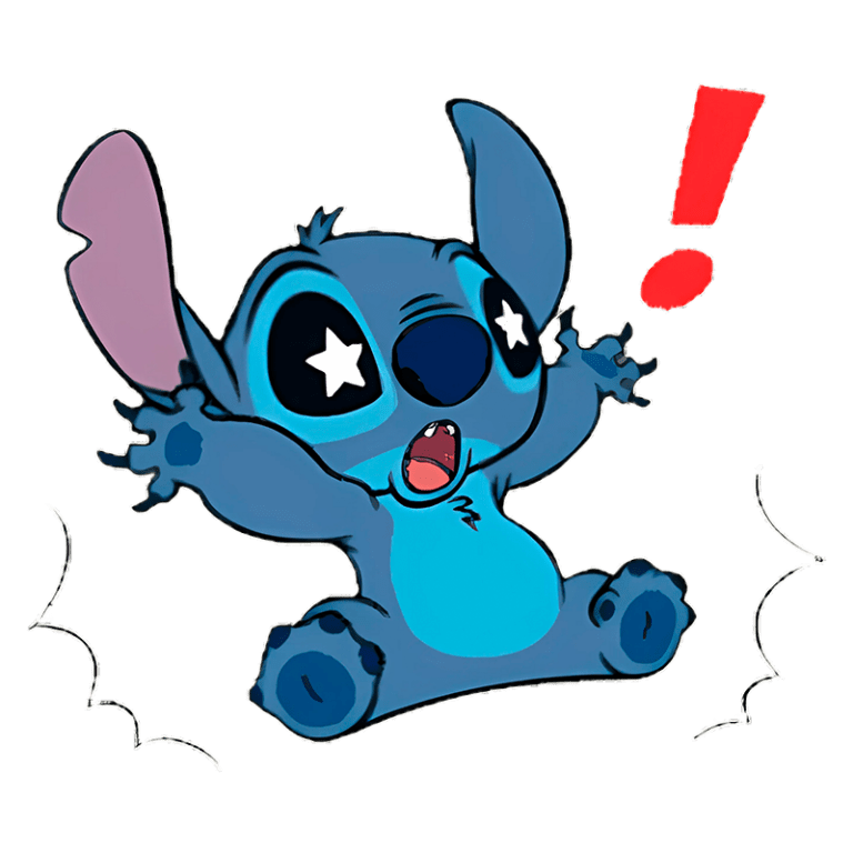 Personagem Stitch do filme Lilo & Stitch, com expressões de surpresa e braços abertos, cercado por um fundo verde e um símbolo de exclamação vermelho. Ideal para, anedotas, ilustrações e produtos relacionados a desenhos animados.