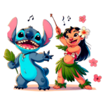 Personagens animados Stitch e Lilo dançando alegremente, com flores e notas musicais ao fundo, representando a cultura havaiana.