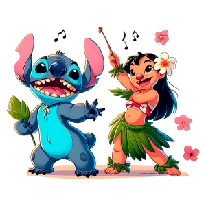 Personagens animados Stitch e Lilo dançando alegremente, com flores e notas musicais ao fundo, representando a cultura havaiana.