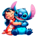 Lilo e Stitch se abraçando, com Lilo vestindo um vestido vermelho com flores brancas e Stitch exibindo um grande sorriso. A imagem retrata a amizade entre os personagens da Disney, destacando seu vínculo especial e alegre.
